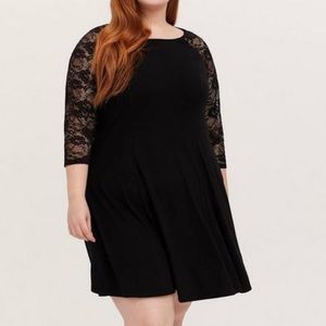 NWT Torrid Black Jersey 3/4 Lace Sleeves Trapeze  Dress 3X‎